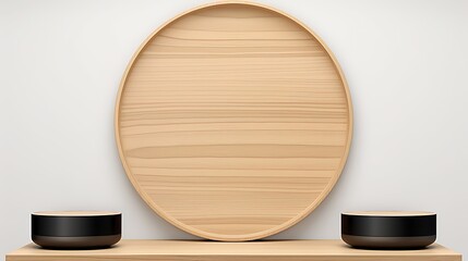 Poster - Minimalist wooden product display showcasing podiums with cylindrical stands in a studio setting