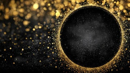 Wall Mural - abstract black circle with sparkling golden particles, bokeh lights and glittery dust on a dark back