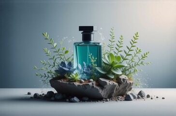 Poster - A teal perfume bottle sits on a gray rock, surrounded by lush succulents and greenery, creating a serene and natural aesthetic. Water droplets subtly enhance the scene.