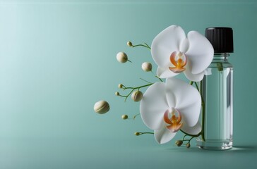 Poster - Elegant white orchids and a clear glass bottle of perfume sit on a soft teal background.  The orchids appear fresh and delicate, suggesting a floral fragrance.