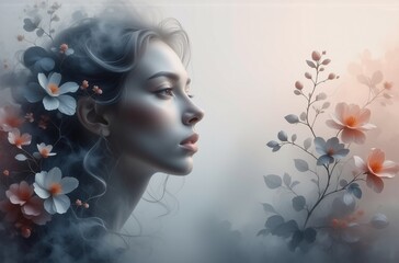 Poster - A dreamy portrait of a woman, her hair and shoulders adorned with ethereal flowers, set against a soft, misty background.  The overall mood is serene and mystical.