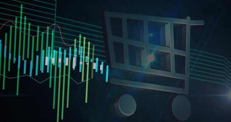 Poster - Neon candlestick bars crossing dark circuit grid, highlighting shopping cart icon with lens flares