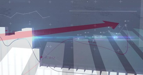 Poster - Red arrow climbing upward over translucent 3D bar charts and colored line graphs on grid interface