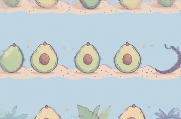 Poster - A whimsical illustration featuring rows of avocados, some whole, some halved, on a sandy beach backdrop.  A stylized banana peel adds a playful touch, suitable as an avatar.
