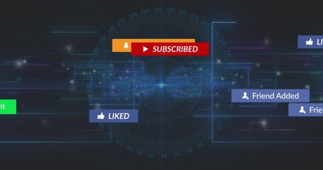 Poster - Red SUBSCRIBED button hovering center, glowing 3D neon circuit lines connecting notification icons