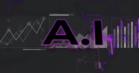 Fototapete - AI text being animated in dark interface, with grid overlays and flowing purple circuit lines