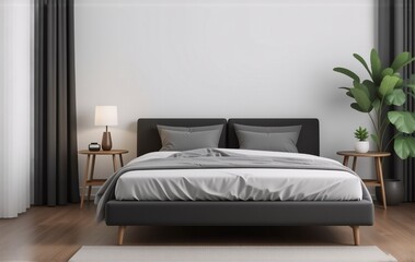 Poster - Modern minimalist bedroom interior.  Dark grey bed, light wood side tables, and a large plant add visual interest to the calming space.  Natural light enhances the clean lines.