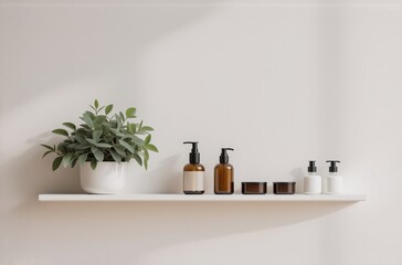 Poster - A minimalist white shelf displays amber and white bottles of skincare products, beside a potted plant, bathed in soft sunlight.  The scene evokes serenity and natural beauty.