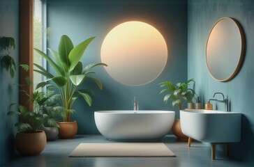 Poster - Serene bathroom design featuring a freestanding tub, large circular mirror, and lush potted plants. Teal walls create a calming atmosphere.  Minimalist aesthetic with natural elements.