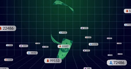 Poster - Fragmented green banknote slices floating over digital grid, displaying social metrics in 3D render