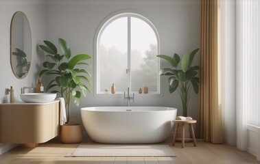 Poster - Serene bathroom design featuring a freestanding bathtub, arched window, and lush potted plants.  Minimalist aesthetic with natural wood tones and muted colors.