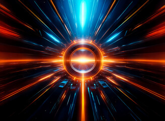 Aufkleber - An abstract geometric composition showcasing vibrant orange and blue energy emanating from a central focal point. The dynamic perspective creates a sense of depth and movement.
