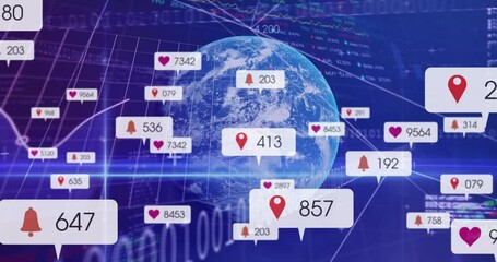 Poster - 3D Earth globe rotating in dark blue interface, showing floating UI callouts and data lines
