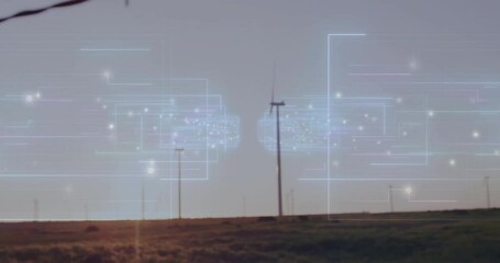 Poster - Flat design wind turbine rotating on grassy plain while glowing network lines intersecting sky