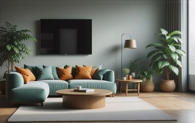 Poster - Modern living room interior with teal sectional sofa, orange pillows, wooden coffee table, potted plants, and a flat-screen TV against a muted green wall.  Warm, inviting atmosphere.