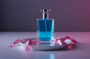 Poster - A vibrant blue perfume bottle sits on a white tray adorned with pink ribbons, bathed in a cool, purple-pink light.  The scene is minimalist and elegant.