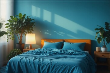 Poster - Sunlit teal bedroom with mid-century modern furniture.  Plants add a touch of nature to the calming space.