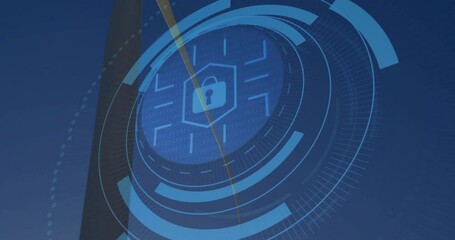 Aufkleber - Central security graphic rotating in digital scene using padlock shield, binary code, flat design