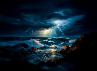 Poster - Hints: The image depicts a powerful storm at sea with lightning striking. It suggests a sense of drama and wildness.

A dramatic scene unfolds with a stormy ocean, lightning illuminating the dark, moo