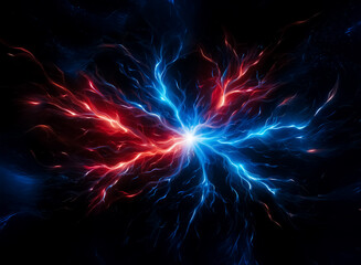 Fototapete - A vibrant display of energy explodes from a central point, splitting into red and blue tendrils. The illustration hints at power, chaos, and a cosmic phenomenon set against a dark backdrop.