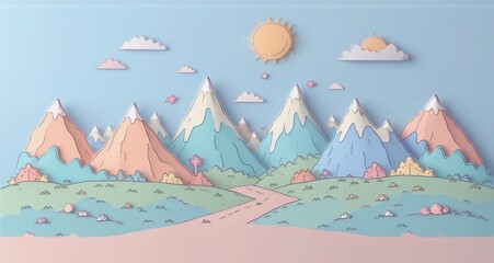Poster - A vibrant paper cut illustration depicts a whimsical mountain range, road and sun. Soft pastel colors create a cheerful and playful landscape with clouds and plants.