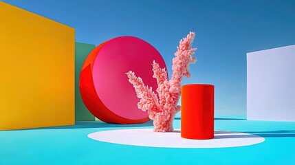 Poster - Pink Coral Branch Amidst Colorful Geometric Forms on a Bright Blue Background