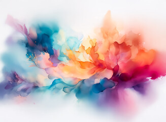 Aufkleber - Vibrant watercolor art with flowing strokes in shades of blue, orange, pink, and purple creating an abstract and organic composition on a clean white backdrop.