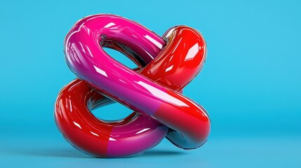 Red and Pink Glossy Knot 3D Render on Cyan Background, Abstract Geometric Design