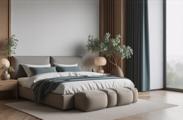 Poster - Serene bedroom with minimalist design, featuring a large bed,  wooden accents,  teal curtains, and potted plants.  Natural light floods the room through a large window.