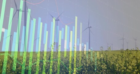 Poster - Multi-colored bar chart being animated over yellow crop field scene, showing wind turbines behind