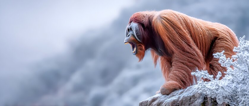 A large orangutan is blowing its nose