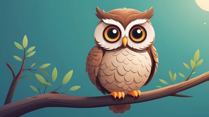 plump, fluffy owl with big eyes perched on a branch, soft gradient vector style