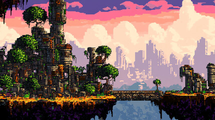 Pixel Art Ruined Cityscape with Trees and Purple Sky at Sunset