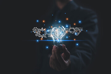 Fototapete -   Business data using AI technology background using computer customer service showing data connection storing various data with AI to help simplify documents
