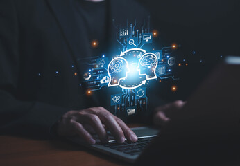 Fototapete -   Business data using AI technology background using computer customer service showing data connection storing various data with AI to help simplify documents
