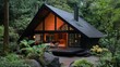 © azi - Modern A-frame house in forest with lights on at dusk, for nature getaway ads