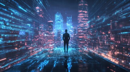 Poster - Digital realm: A solitary figure traversing the urban data stream of tomorrow