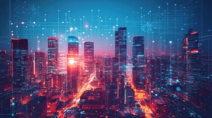 Poster - Futuristic urban landscape showcasing interconnected network technology within the city