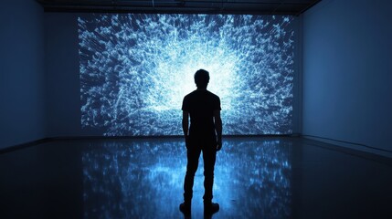 Poster - Silhouette figure contemplates a projected digital network.
