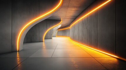 Poster - Futuristic concrete corridor illuminated by orange neon lighting.