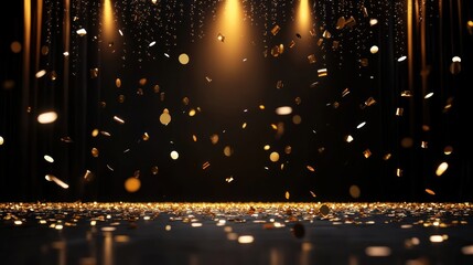 Poster - golden glimmer confetti cascade on a dark stage with spotlights illuminating a celebratory backdrop evoking prestige and luxurious merriment creating an exciting atmosphere