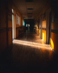 Poster - Serene Hospital Corridor with Natural Light and Shadows Capturing Tranquility and Calmness in the Medical Environment of Healthcare Facility