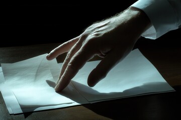 Poster - A hand gently touching a stack of blank papers on a dark wooden table, creating a serene atmosphere