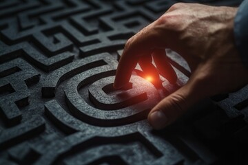 Poster - A human hand gently touches a glowing maze pattern, symbolizing problem-solving and discovery