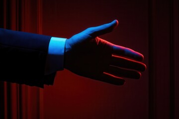 Poster - Elegant hand gesture in a dimly lit setting, symbolizing invitation or greeting