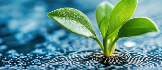 Poster - a macro shot showcasing a vibrant green plant sprouting from a circuit board illustrating the intersection of nature and technology for a sustainable future