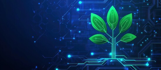 Poster - a technological representation of a plant growing from a circuit board highlighting themes of innovation green technology and the merging of nature and digital advancement