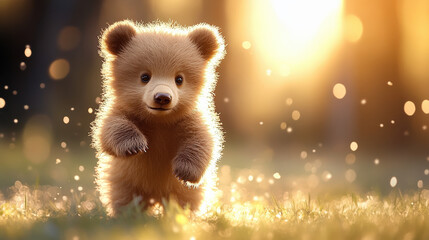 Poster - fluffy bear cub joyfully runs through sunlit meadow, surrounded by glowing bokeh. warm sunlight highlights its soft fur, creating magical and heartwarming scene