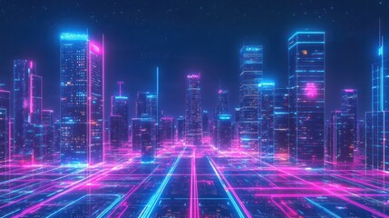 Poster - Futuristic cityscape with vibrant neon lights creating a vibrant virtual world