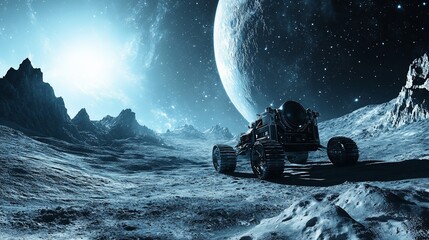 exploration vehicle parked on the alien planet with the majestic celestial view
